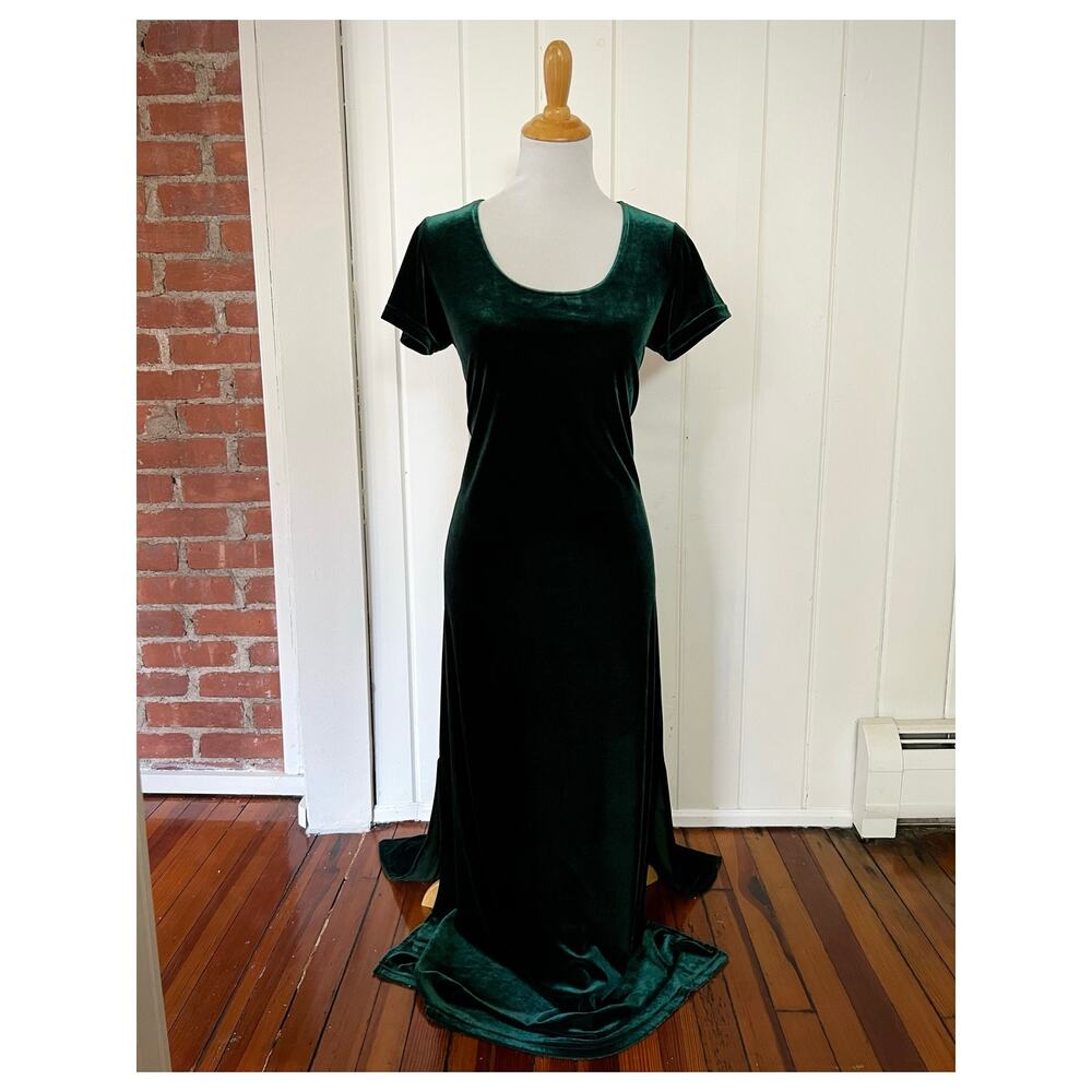 Vintage 90s Cassini Emerald Green Velvet Maxi Gown Dress M Dark Academia Holiday